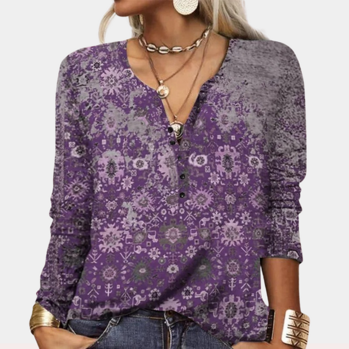 Blouse Femme Imprimée Ethnique – Manches Longues & Col Boutonné