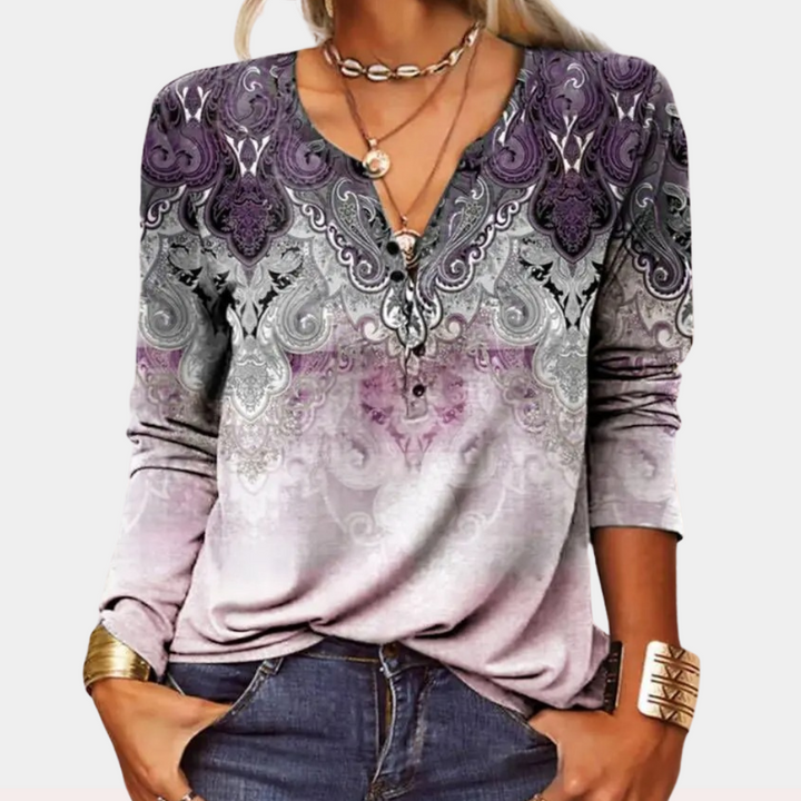 Blouse Femme Imprimée Ethnique – Manches Longues & Col Boutonné