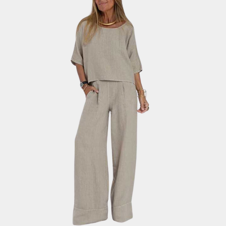 Ensemble Décontracté Femme en Lin – Haut Ample & Pantalon Large avec Poches