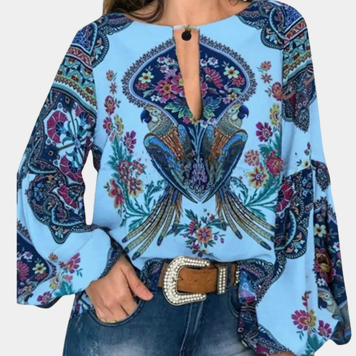 Blouse Bohème Femme à Manches Longues – Imprimé Floral et Oiseaux