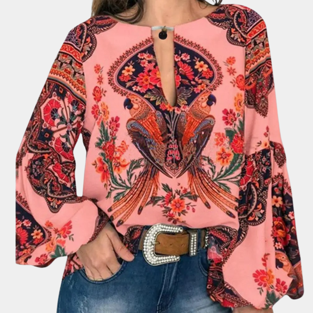 Blouse Bohème Femme à Manches Longues – Imprimé Floral et Oiseaux
