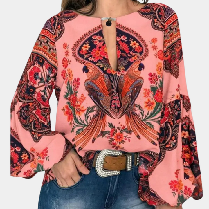 Blouse Bohème Femme à Manches Longues – Imprimé Floral et Oiseaux