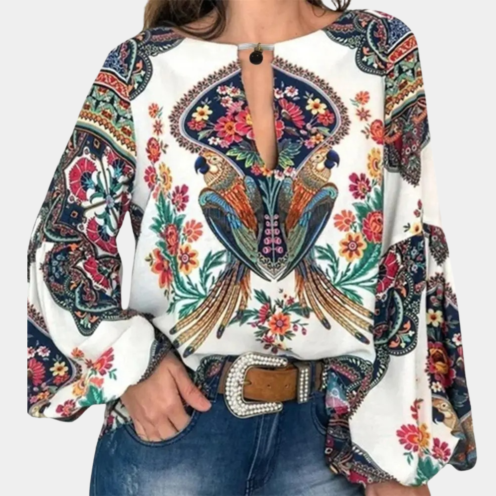 Blouse Bohème Femme à Manches Longues – Imprimé Floral et Oiseaux