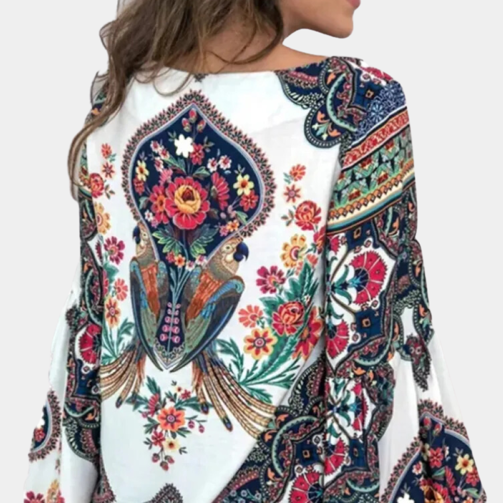 Blouse Bohème Femme à Manches Longues – Imprimé Floral et Oiseaux