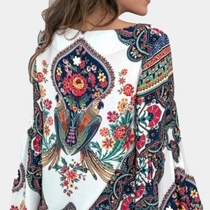 Blouse Bohème Femme à Manches Longues – Imprimé Floral et Oiseaux
