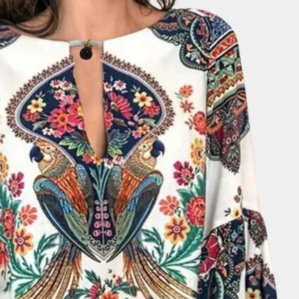Blouse Bohème Femme à Manches Longues – Imprimé Floral et Oiseaux
