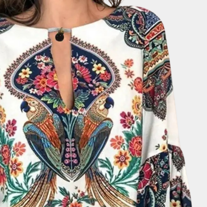Blouse Bohème Femme à Manches Longues – Imprimé Floral et Oiseaux