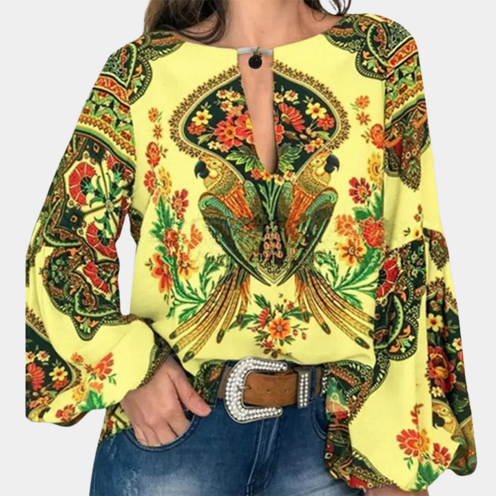 Blouse Bohème Femme à Manches Longues – Imprimé Floral et Oiseaux