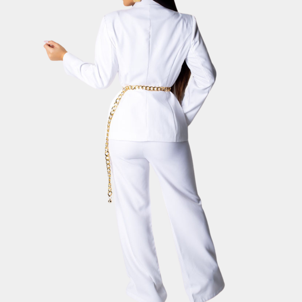 Tailleur Femme Chic à Revers Profond – Ensemble Blazer Ceinturé + Pantalon Large – Tenue Élégante et Sexy