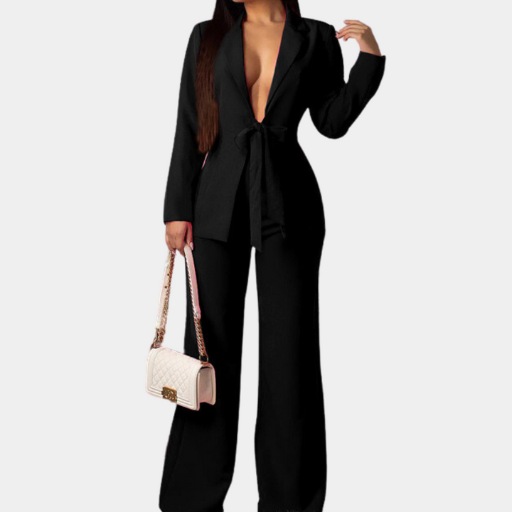 Tailleur Femme Chic à Revers Profond – Ensemble Blazer Ceinturé + Pantalon Large – Tenue Élégante et Sexy