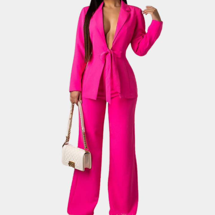 Tailleur Femme Chic à Revers Profond – Ensemble Blazer Ceinturé + Pantalon Large – Tenue Élégante et Sexy