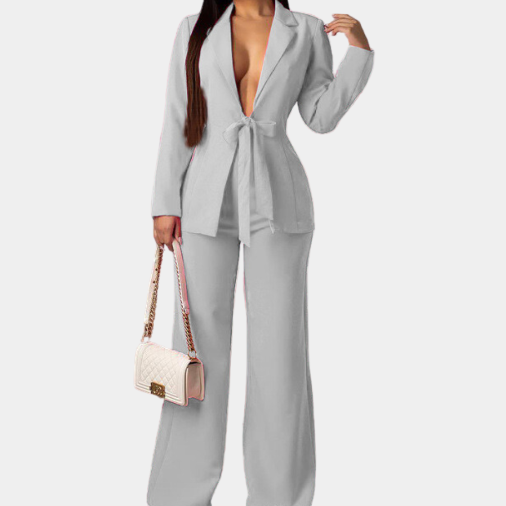 Tailleur Femme Chic à Revers Profond – Ensemble Blazer Ceinturé + Pantalon Large – Tenue Élégante et Sexy