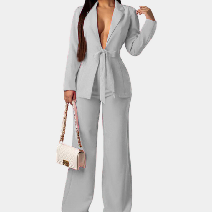 Tailleur Femme Chic à Revers Profond – Ensemble Blazer Ceinturé + Pantalon Large – Tenue Élégante et Sexy