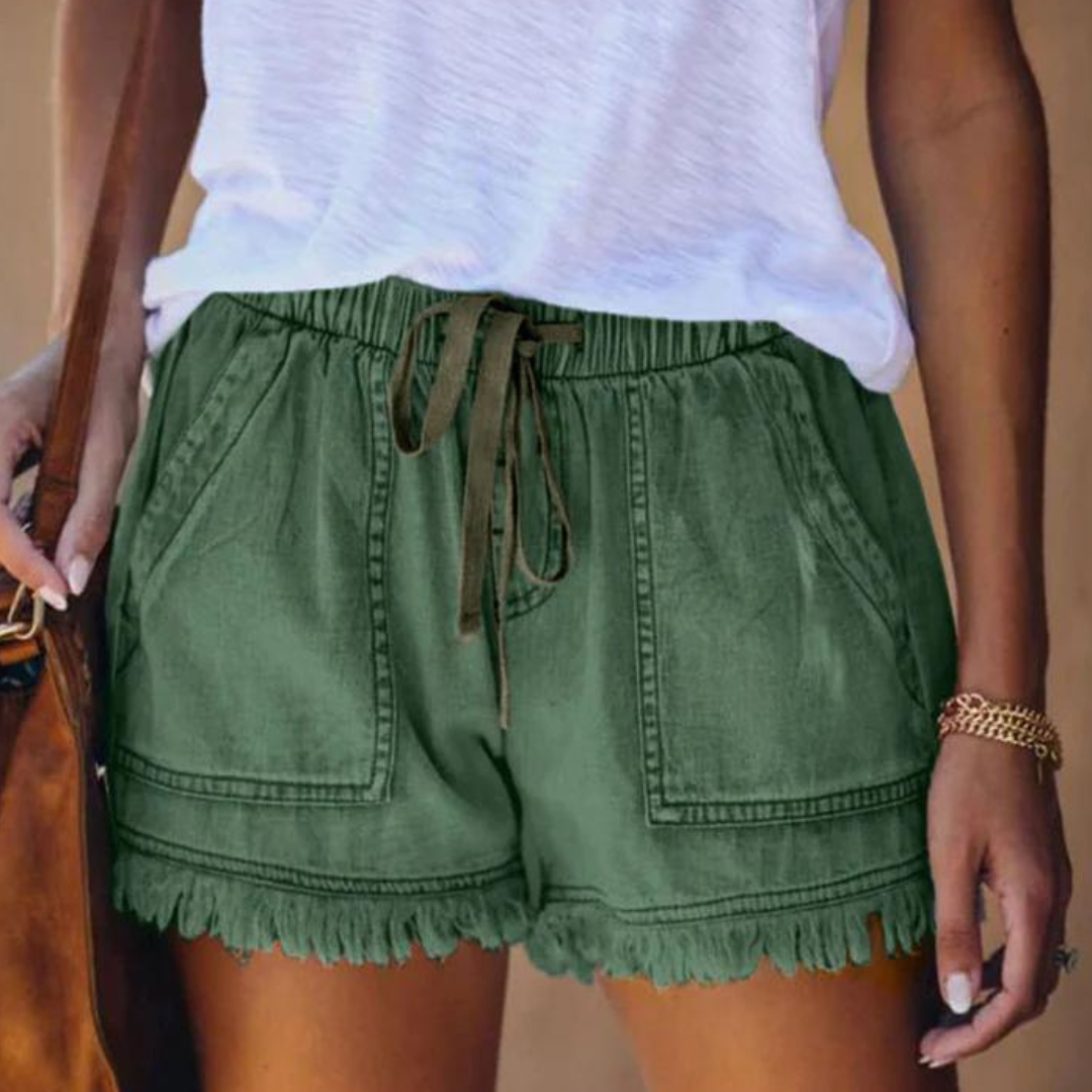 Damen Shorts mit Fransen – Bequemer Elastikbund & Große Taschen im Boho-Style