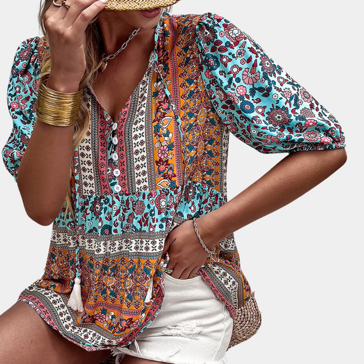 Blouse Bohème Femme – Manches Bouffantes 3/4 & Imprimé Patchwork Fleuri