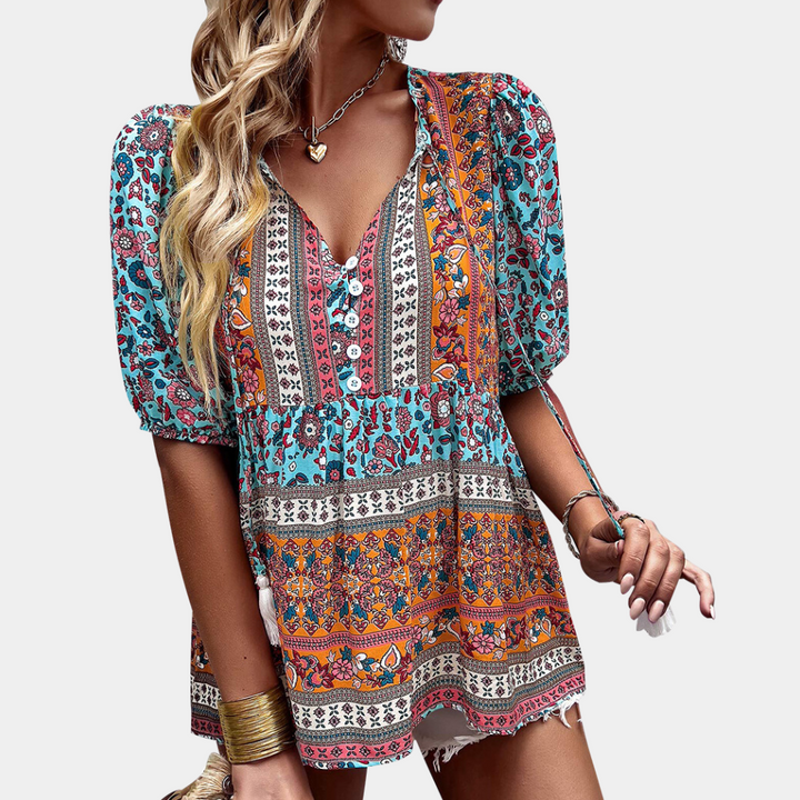 Blouse Bohème Femme – Manches Bouffantes 3/4 & Imprimé Patchwork Fleuri
