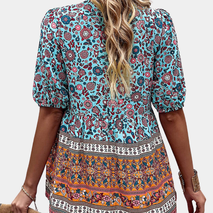 Blouse Bohème Femme – Manches Bouffantes 3/4 & Imprimé Patchwork Fleuri