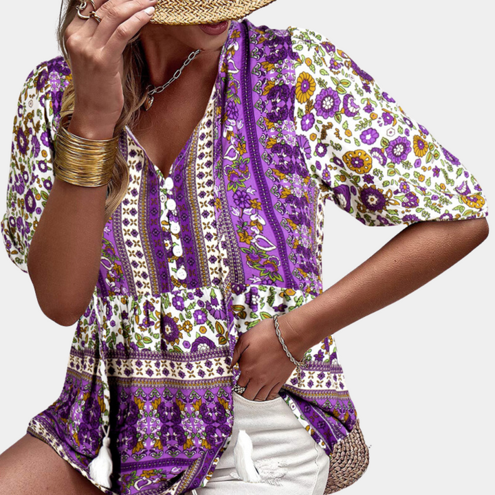 Blouse Bohème Femme – Manches Bouffantes 3/4 & Imprimé Patchwork Fleuri