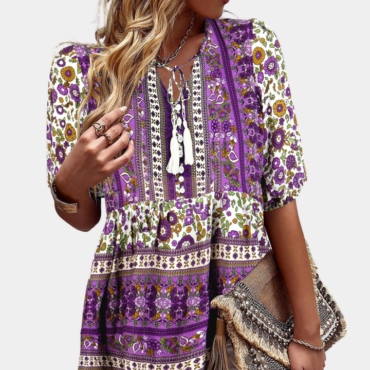 Blouse Bohème Femme – Manches Bouffantes 3/4 & Imprimé Patchwork Fleuri