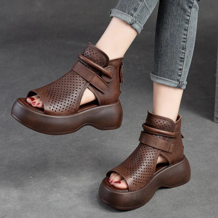Sandales Compensées Femme – Design Aéré en Cuir Véritable pour Confort et Élégance au Quotidien