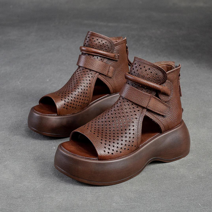 Sandales Compensées Femme – Design Aéré en Cuir Véritable pour Confort et Élégance au Quotidien