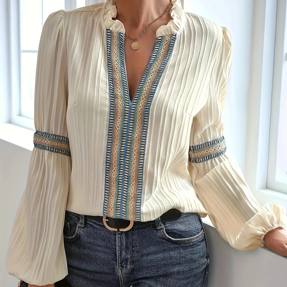 Blouse Femme Chic Bohème – Col Volanté, Manches Longues & Détails Brodés