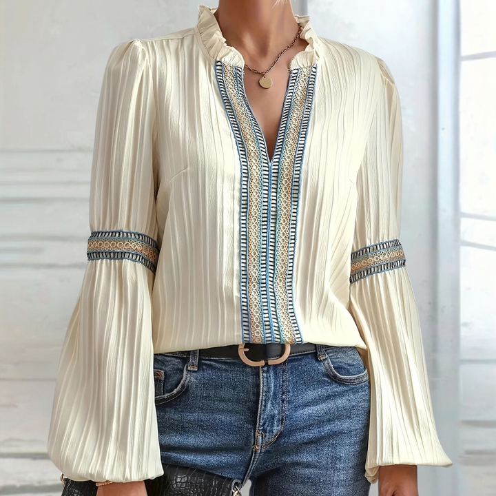 Blouse Femme Chic Bohème – Col Volanté, Manches Longues & Détails Brodés