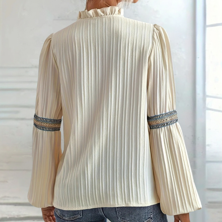 Blouse Femme Chic Bohème – Col Volanté, Manches Longues & Détails Brodés