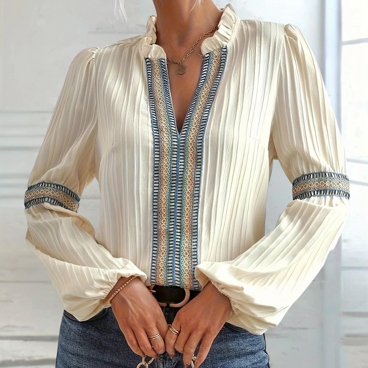Blouse Femme Chic Bohème – Col Volanté, Manches Longues & Détails Brodés