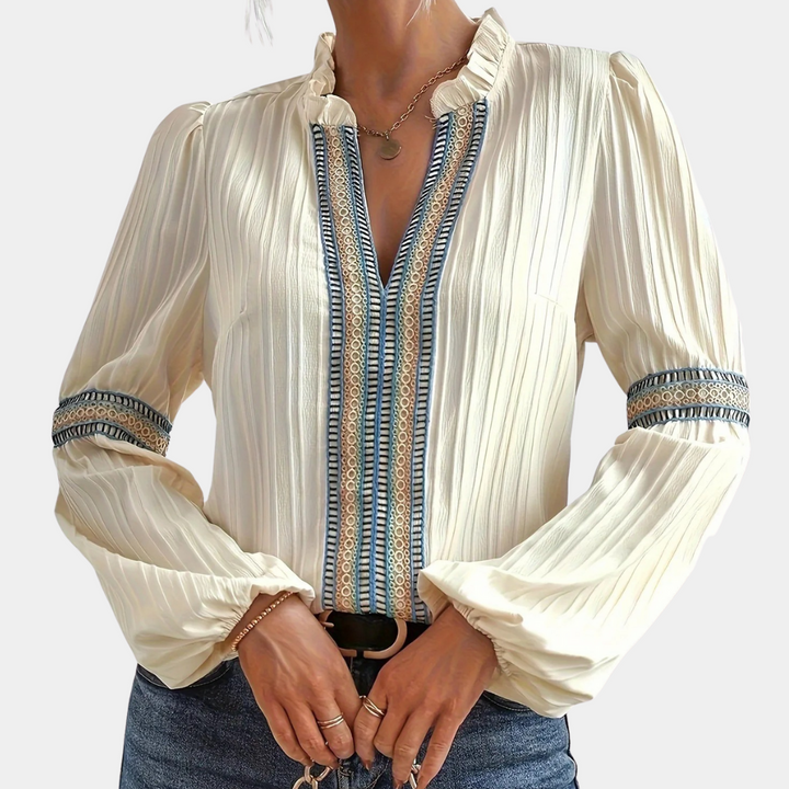 Blouse Femme Chic Bohème – Col Volanté, Manches Longues & Détails Brodés