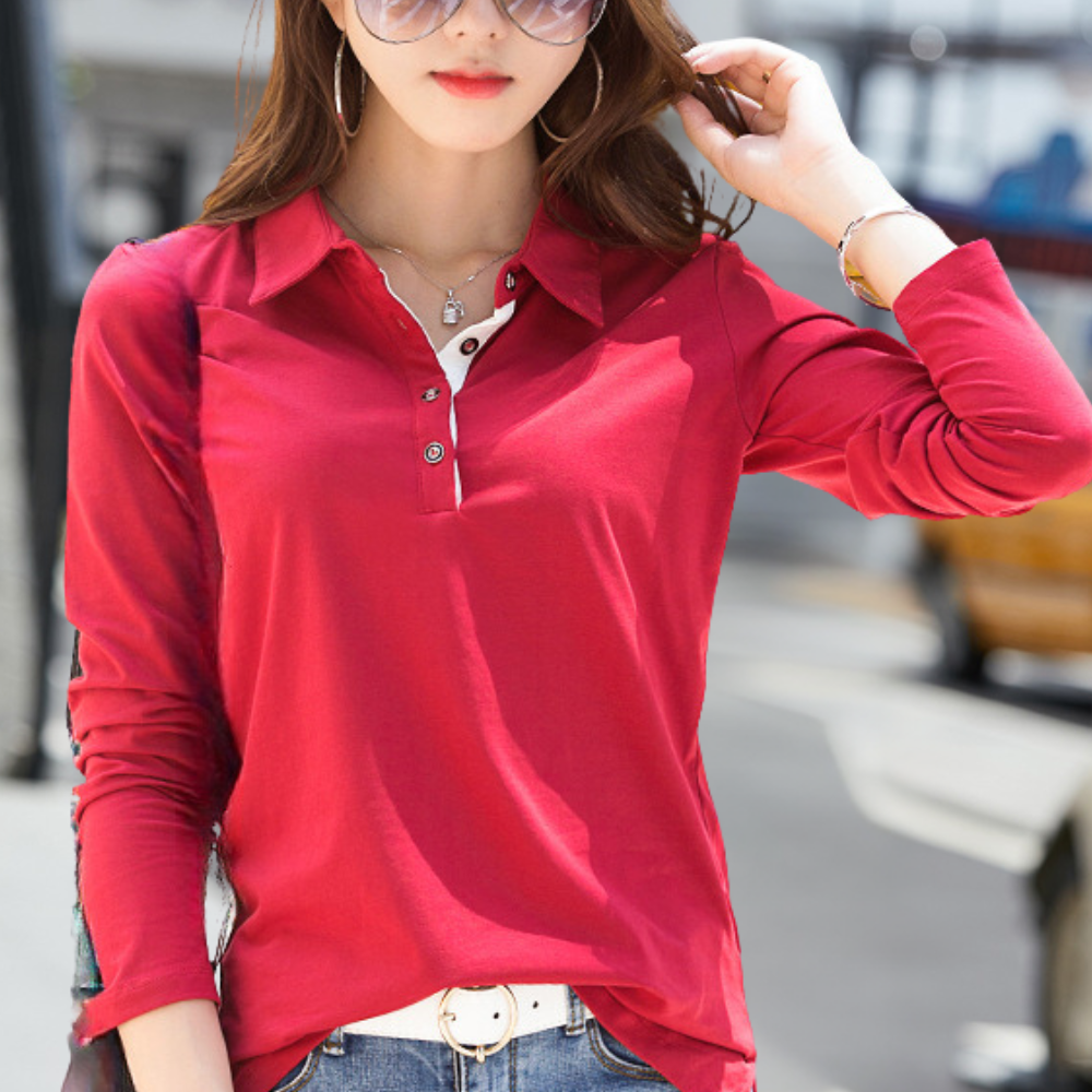 Polo femme manches longues – Chic décontracté, col boutonné, coupe moderne