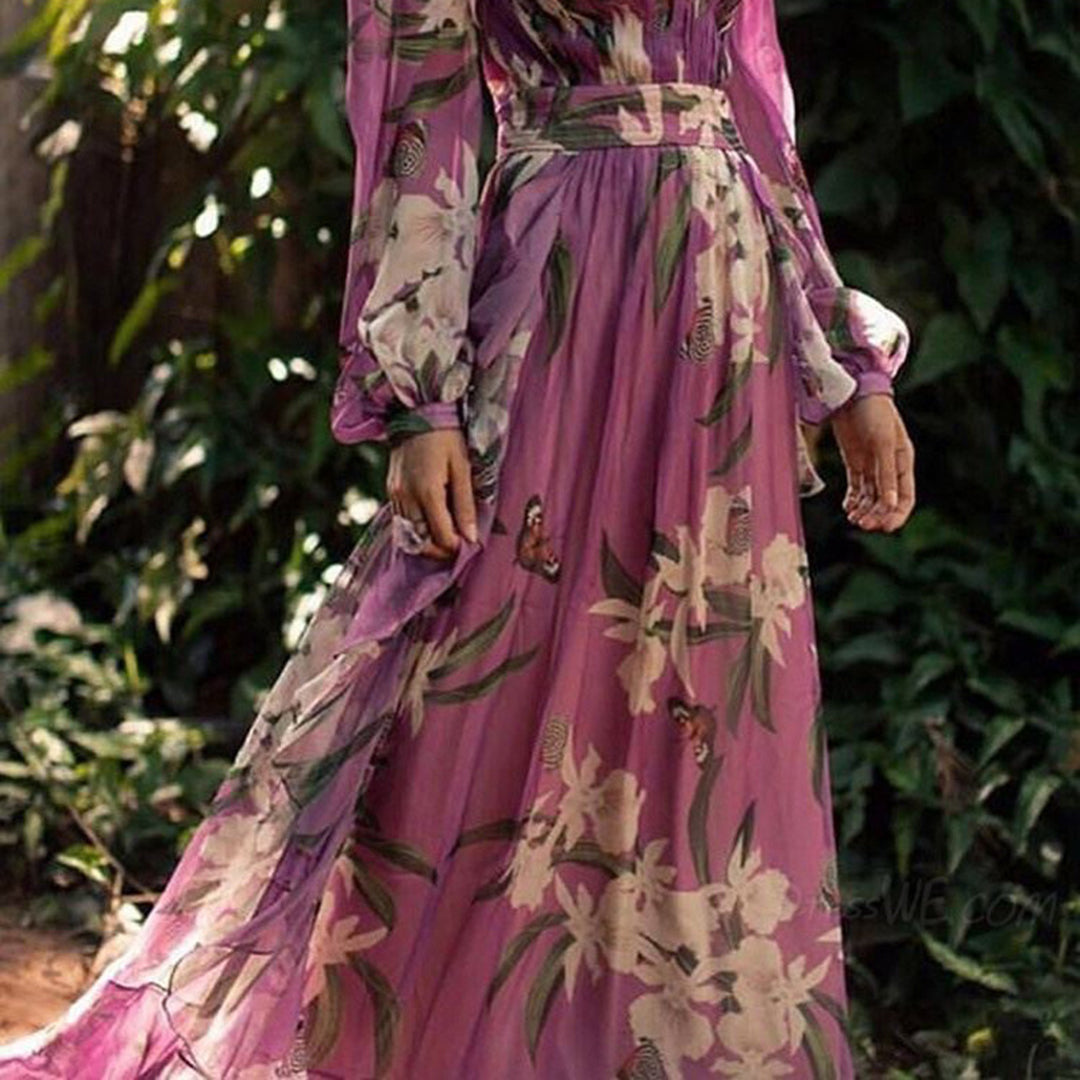 Robe Longue Bohème Femme – Décolleté Plongeant & Imprimé Floral Élégant