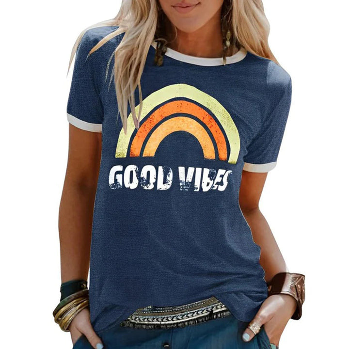 T-shirt femme imprimé rétro – Slogan "Good Vibes", coupe décontractée, col rond