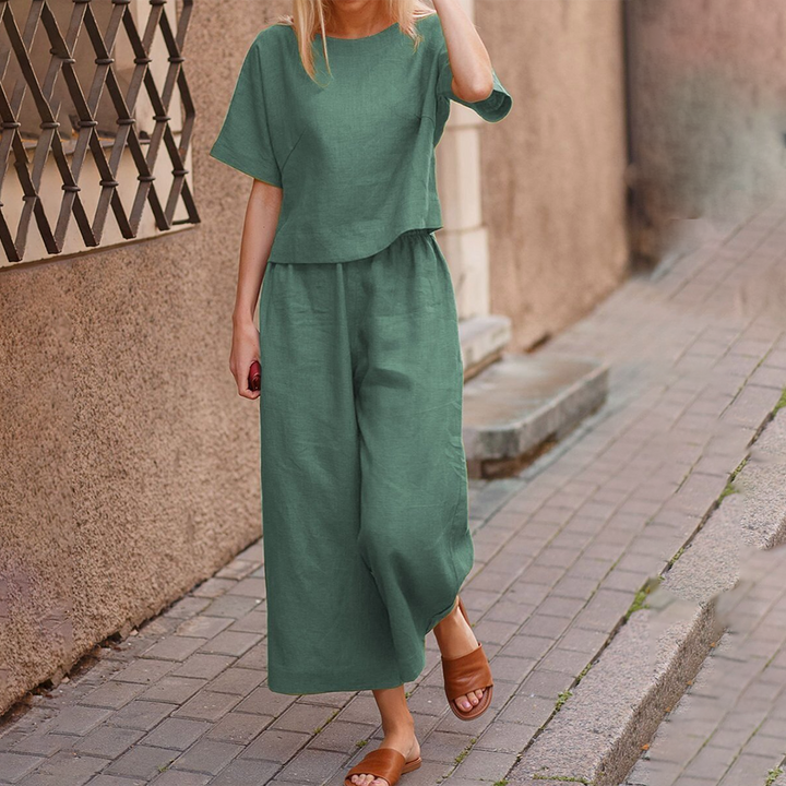 Ensemble Femme Lin Décontracté – Haut Court & Pantalon Large Taille Élastique