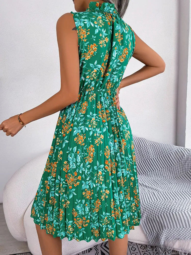 Robe Mi-Longue Femme à Imprimé Floral – Col Montant Froncé et Coupe Plissée Élégante