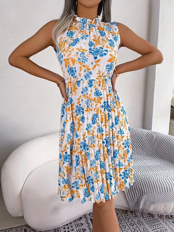 Robe Mi-Longue Femme à Imprimé Floral – Col Montant Froncé et Coupe Plissée Élégante