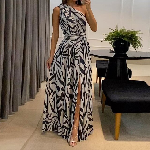 Robe Longue Asymétrique Femme – Épaule Unique & Fente Haute – Imprimé Animal Élégant pour Soirée ou Événement