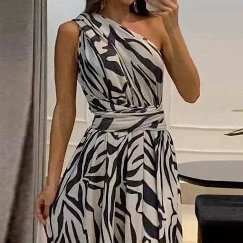 Robe Longue Asymétrique Femme – Épaule Unique & Fente Haute – Imprimé Animal Élégant pour Soirée ou Événement