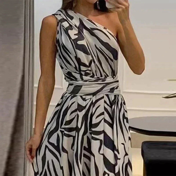 Robe Longue Asymétrique Femme – Épaule Unique & Fente Haute – Imprimé Animal Élégant pour Soirée ou Événement