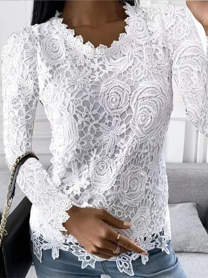 Haut femme dentelle florale – Chic romantique, manches longues, col en V ajouré