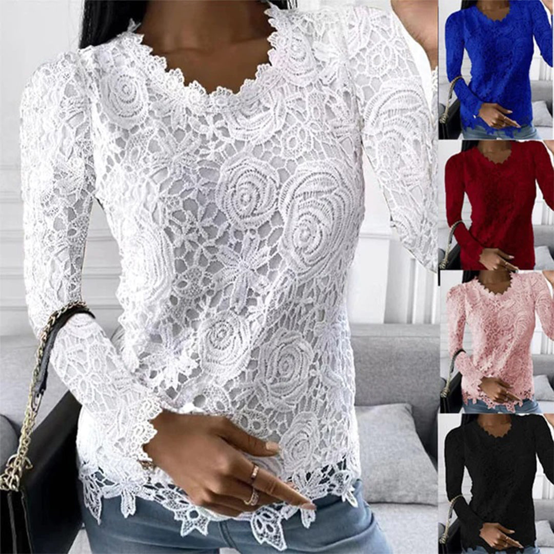 Haut femme dentelle florale – Chic romantique, manches longues, col en V ajouré