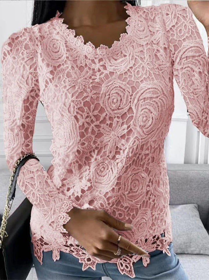 Haut femme dentelle florale – Chic romantique, manches longues, col en V ajouré