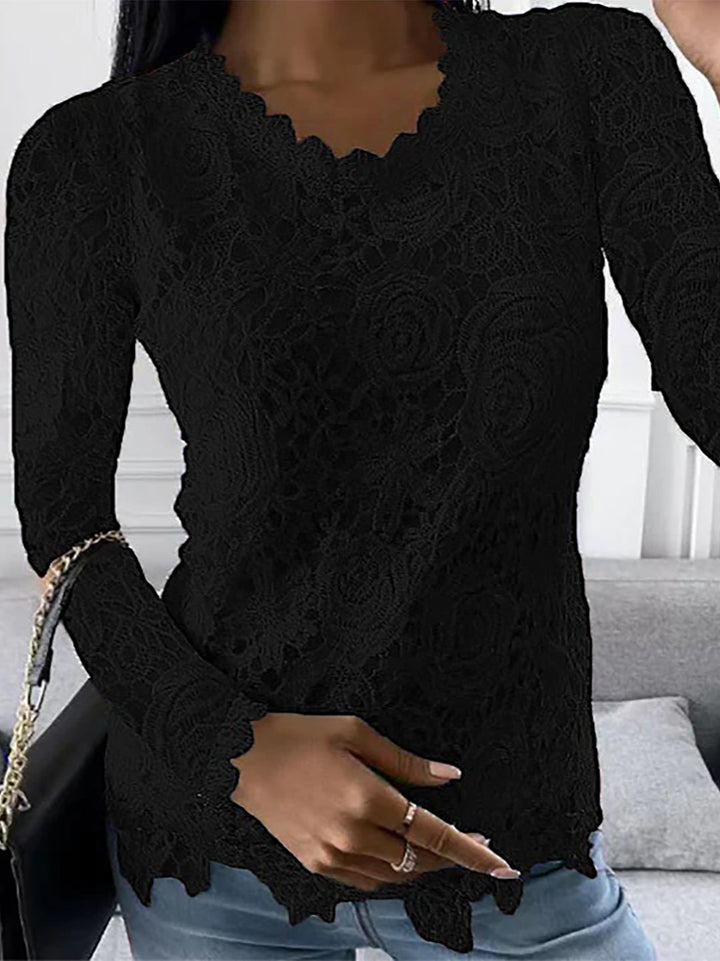 Haut femme dentelle florale – Chic romantique, manches longues, col en V ajouré