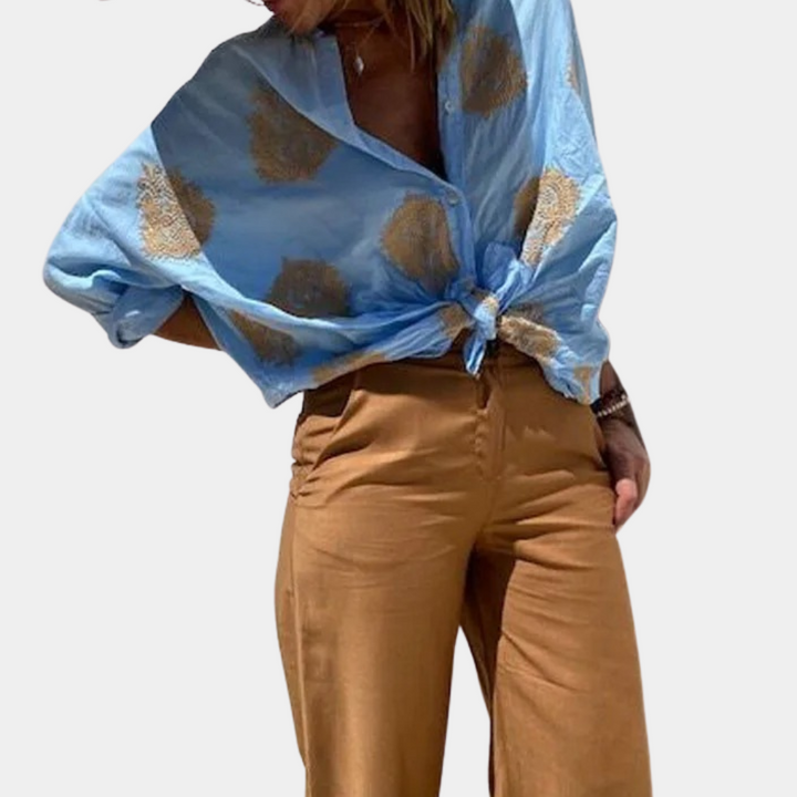 Chemise Femme Décontractée Nouée – Blouse Légère à Motif Soleil pour Look Bohème & Estival