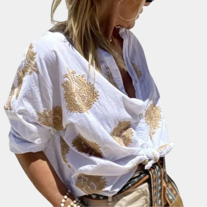 Chemise Femme Décontractée Nouée – Blouse Légère à Motif Soleil pour Look Bohème & Estival