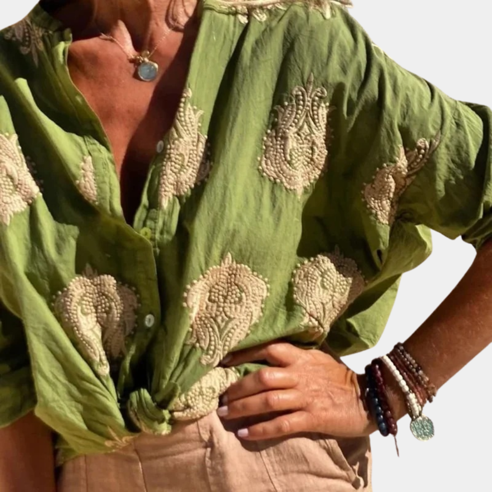 Chemise Femme Décontractée Nouée – Blouse Légère à Motif Soleil pour Look Bohème & Estival