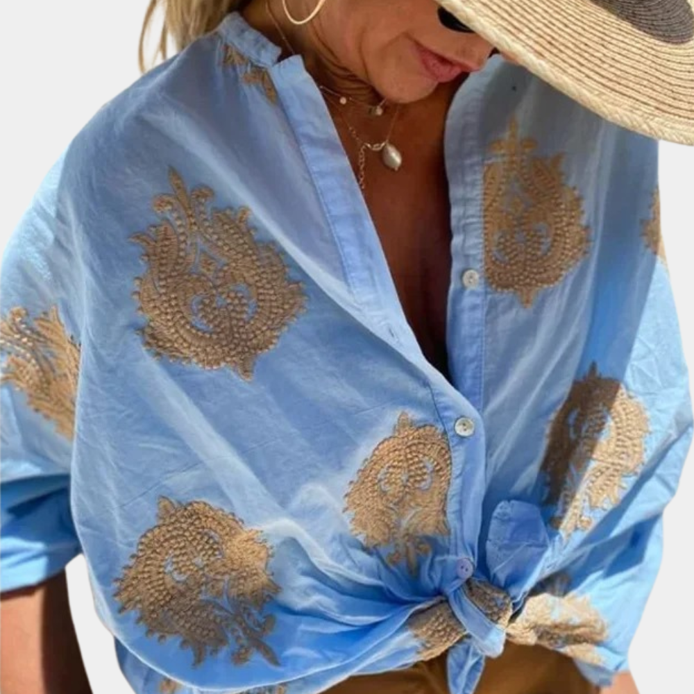 Chemise Femme Décontractée Nouée – Blouse Légère à Motif Soleil pour Look Bohème & Estival