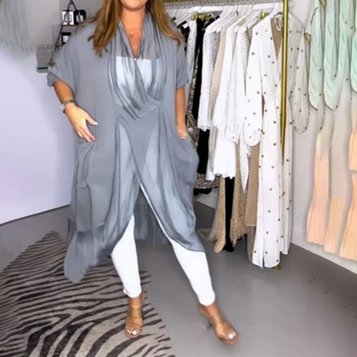 Kimono long femme fluide – Style oversized chic, coupe drapée, poches latérales