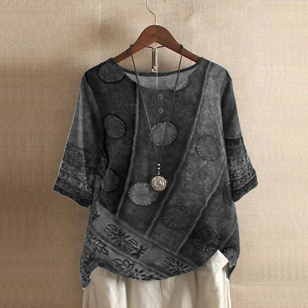 Blouse bohème femme manches 3/4 – Imprimé patchwork ethnique, col rond boutonné