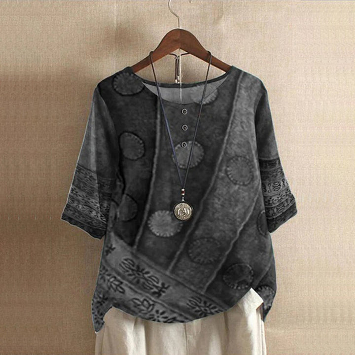 Blouse bohème femme manches 3/4 – Imprimé patchwork ethnique, col rond boutonné